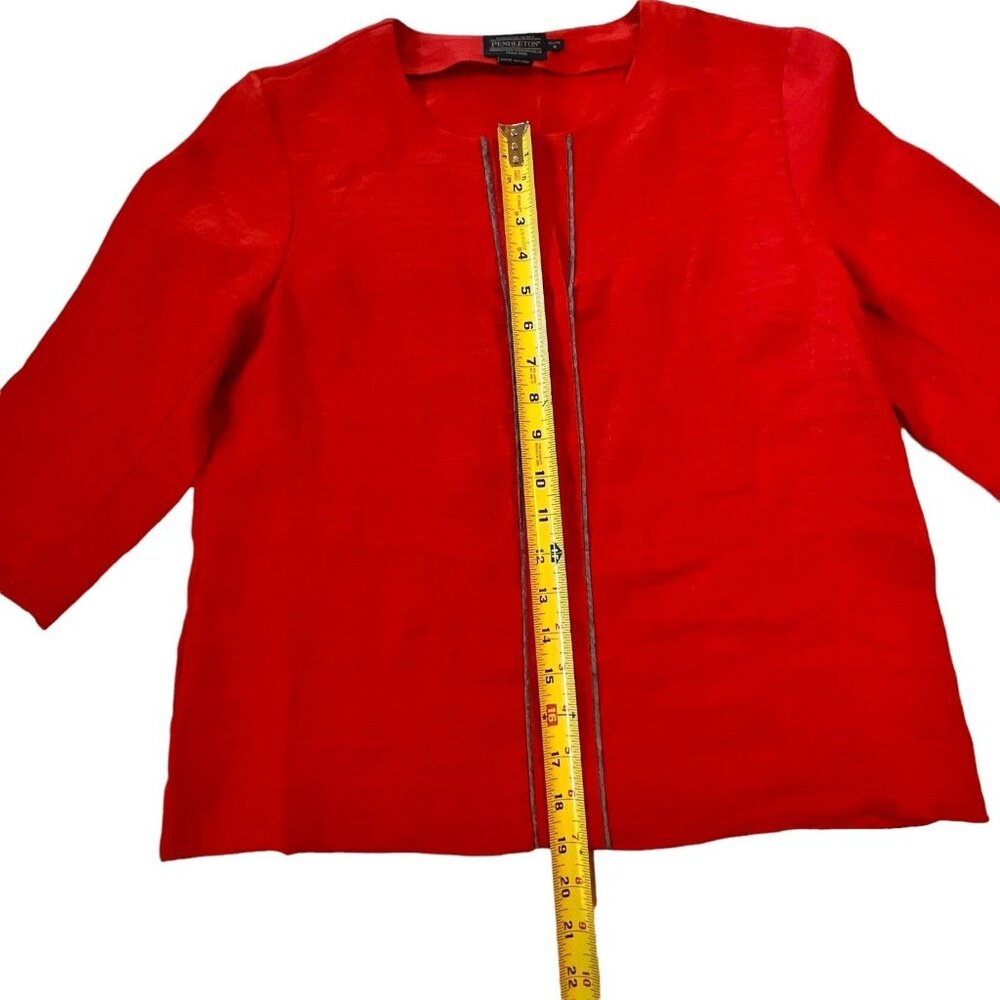 PENDLETON Blouse Womens Petite 8 Red Linen Pullover V Neck Gray Trim 3/4 Sleeve - Picture 10 of 13